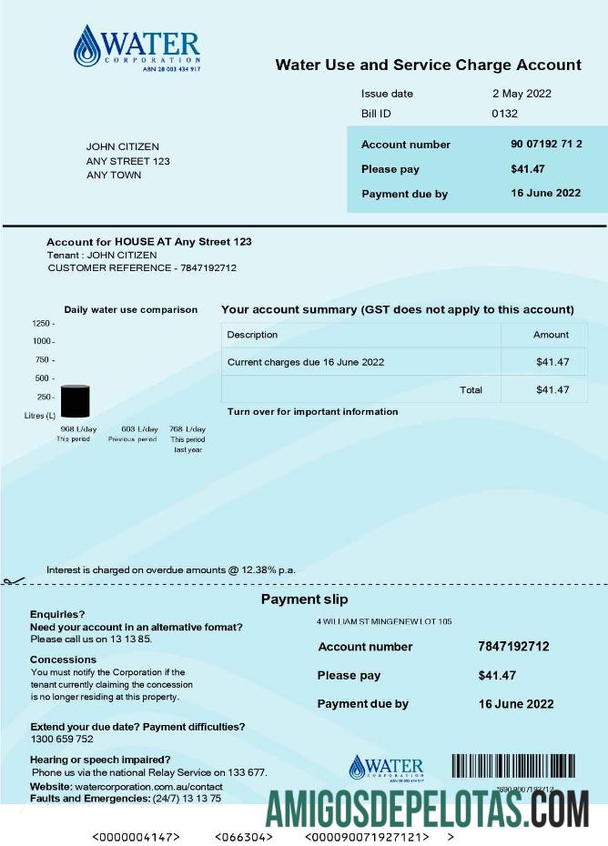 realista Modelo .doc e .pdf da conta de serviços públicos WA da Australia Water Corporation